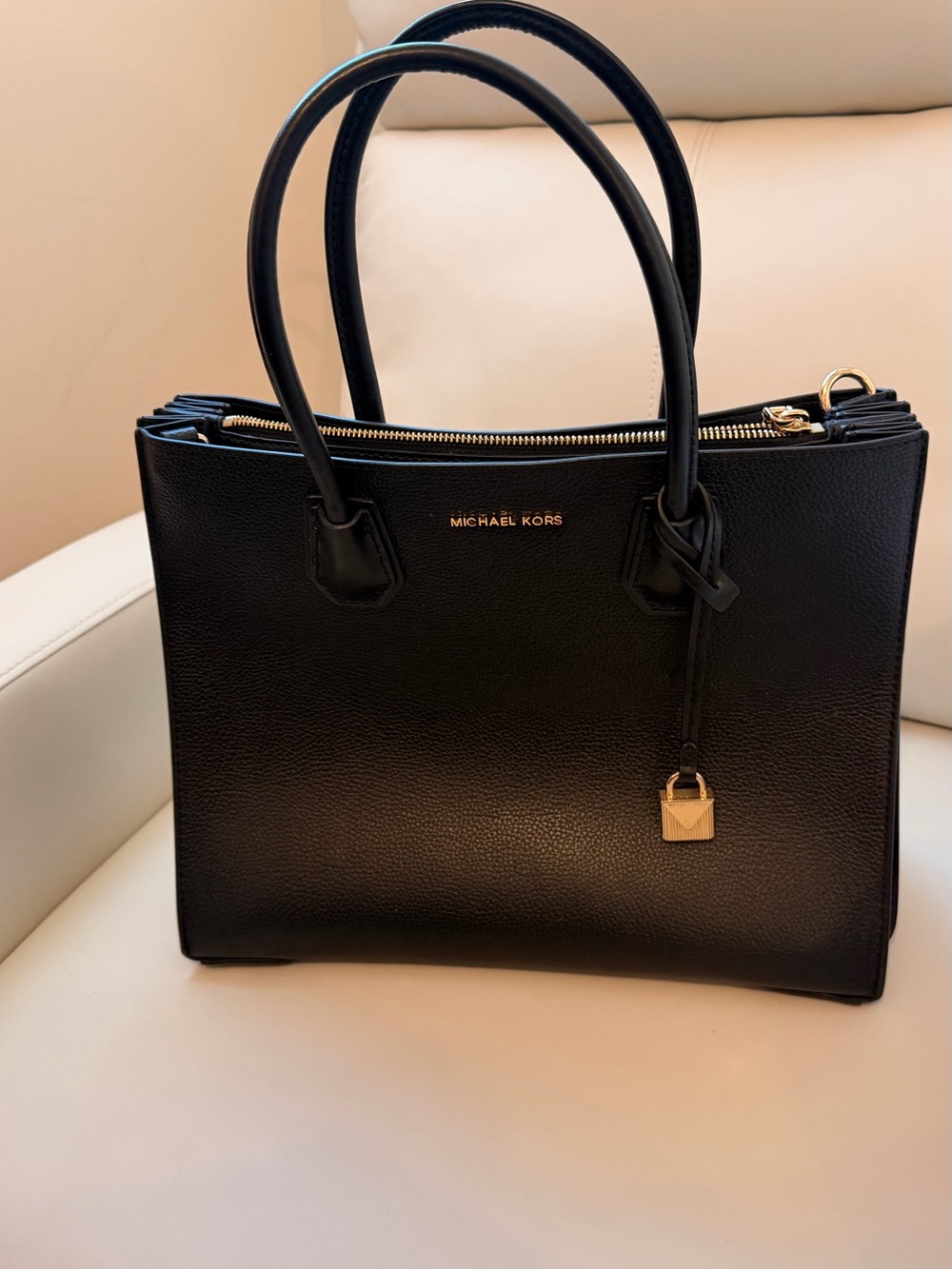 Michael Kors Black Pebbled Leather Structured Tote with Gold Hardware